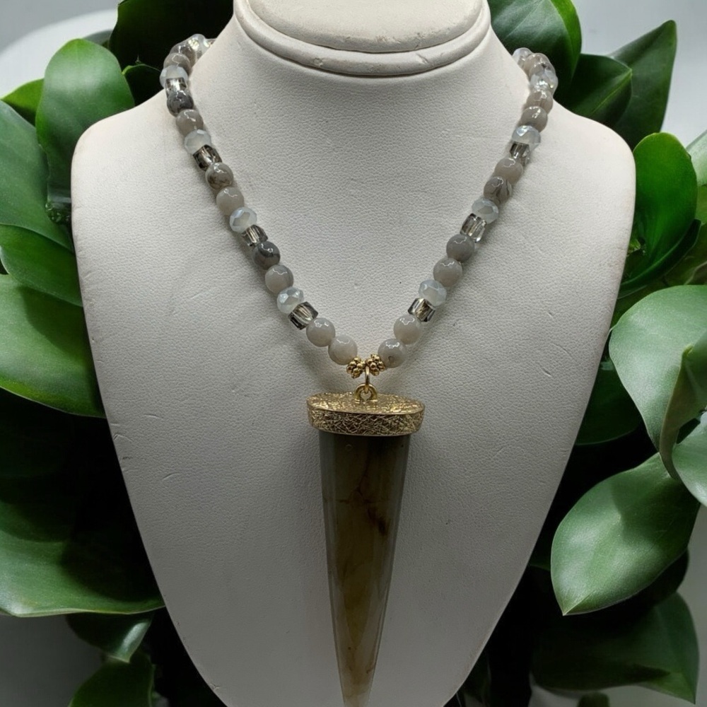 Jane Marie Long Gray and Gold Beaded Tusk Pendant Necklace